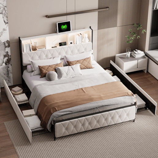 Cama Estofada 180x200 cm Bege em Veludo com 4 Gavetas, Iluminação LED, USB, Tipo-C e Cabeceira com Arrumação Cama Estofada 180x200 cm Bege em Veludo com 4 Gavetas, Iluminação LED, USB, Tipo-C e Cabeceira com Arrumação
