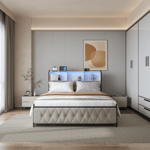 Cama Estofada 180x200 cm Bege em Veludo com 4 Gavetas, Iluminação LED, USB, Tipo-C e Cabeceira com Arrumação Cama Estofada 180x200 cm Bege em Veludo com 4 Gavetas, Iluminação LED, USB, Tipo-C e Cabeceira com Arrumação