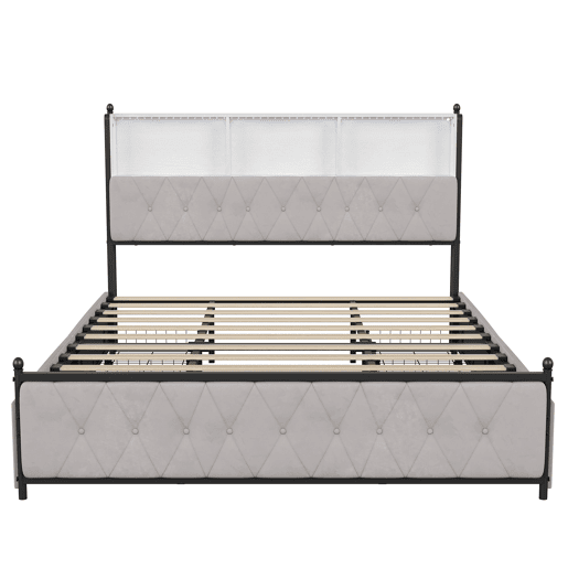 Cama Estofada 180x200 cm Bege em Veludo com 4 Gavetas, Iluminação LED, USB, Tipo-C e Cabeceira com Arrumação Cama Estofada 180x200 cm Bege em Veludo com 4 Gavetas, Iluminação LED, USB, Tipo-C e Cabeceira com Arrumação