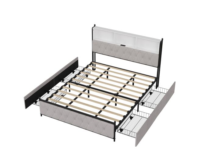 Cama tapizada 160x200 cm beige de terciopelo con 4 cajones, iluminación led, usb, tipo-c y cabecero con almacenamiento