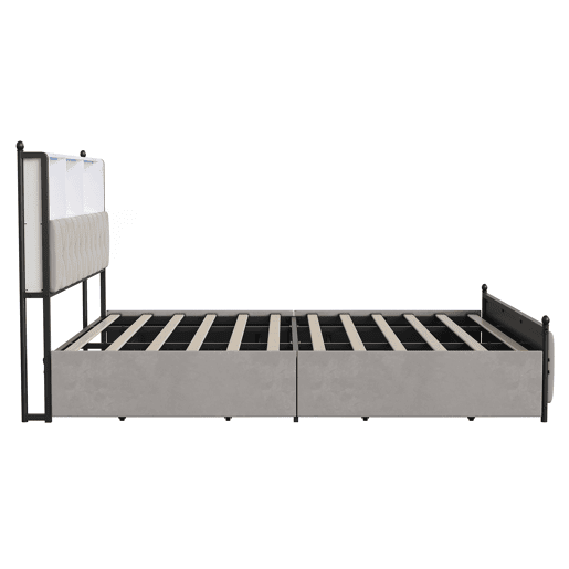 Cama Estofada 160x200 cm Bege em Veludo com 4 Gavetas, Iluminação LED, USB, Tipo-C e Cabeceira com Arrumação Cama Estofada 160x200 cm Bege em Veludo com 4 Gavetas, Iluminação LED, USB, Tipo-C e Cabeceira com Arrumação