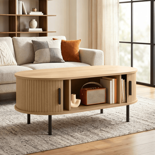 HOMCOM Mesa de Centro com Portas Deslizantes, Mesa de Café Oval para Sala com Armazenamento Oculto e Pés de Metal, Estilo Moderno de Meados do Século, 100x55x40 cm, Madeira Natural HOMCOM Mesa de Centro com Portas Deslizantes, Mesa de Café Oval para Sala com Armazenamento Oculto e Pés de Metal, Estilo Moderno de Meados do Século, 100x55x40 cm, Madeira Natural