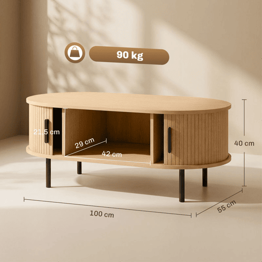 HOMCOM Mesa de Centro com Portas Deslizantes, Mesa de Café Oval para Sala com Armazenamento Oculto e Pés de Metal, Estilo Moderno de Meados do Século, 100x55x40 cm, Madeira Natural HOMCOM Mesa de Centro com Portas Deslizantes, Mesa de Café Oval para Sala com Armazenamento Oculto e Pés de Metal, Estilo Moderno de Meados do Século, 100x55x40 cm, Madeira Natural