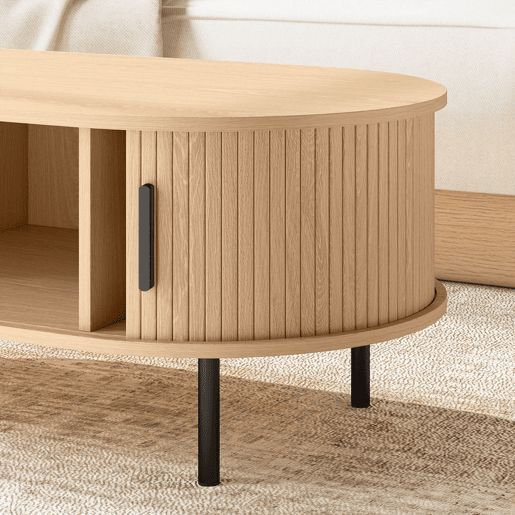 HOMCOM Mesa de Centro com Portas Deslizantes, Mesa de Café Oval para Sala com Armazenamento Oculto e Pés de Metal, Estilo Moderno de Meados do Século, 100x55x40 cm, Madeira Natural HOMCOM Mesa de Centro com Portas Deslizantes, Mesa de Café Oval para Sala com Armazenamento Oculto e Pés de Metal, Estilo Moderno de Meados do Século, 100x55x40 cm, Madeira Natural