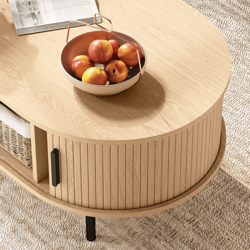 HOMCOM Mesa de Centro com Portas Deslizantes, Mesa de Café Oval para Sala com Armazenamento Oculto e Pés de Metal, Estilo Moderno de Meados do Século, 100x55x40 cm, Madeira Natural HOMCOM Mesa de Centro com Portas Deslizantes, Mesa de Café Oval para Sala com Armazenamento Oculto e Pés de Metal, Estilo Moderno de Meados do Século, 100x55x40 cm, Madeira Natural