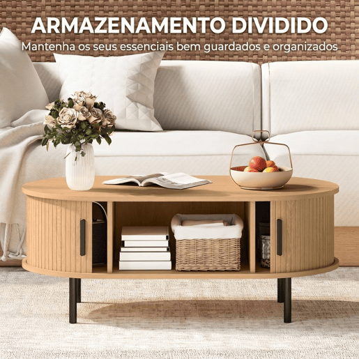 HOMCOM Mesa de Centro com Portas Deslizantes, Mesa de Café Oval para Sala com Armazenamento Oculto e Pés de Metal, Estilo Moderno de Meados do Século, 100x55x40 cm, Madeira Natural HOMCOM Mesa de Centro com Portas Deslizantes, Mesa de Café Oval para Sala com Armazenamento Oculto e Pés de Metal, Estilo Moderno de Meados do Século, 100x55x40 cm, Madeira Natural
