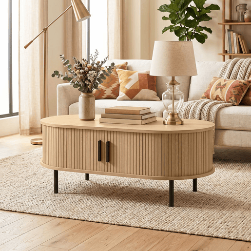HOMCOM Mesa de Centro com Portas Deslizantes, Mesa de Café Oval para Sala com Armazenamento Oculto e Pés de Metal, Estilo Moderno de Meados do Século, 100x55x40 cm, Madeira Natural HOMCOM Mesa de Centro com Portas Deslizantes, Mesa de Café Oval para Sala com Armazenamento Oculto e Pés de Metal, Estilo Moderno de Meados do Século, 100x55x40 cm, Madeira Natural