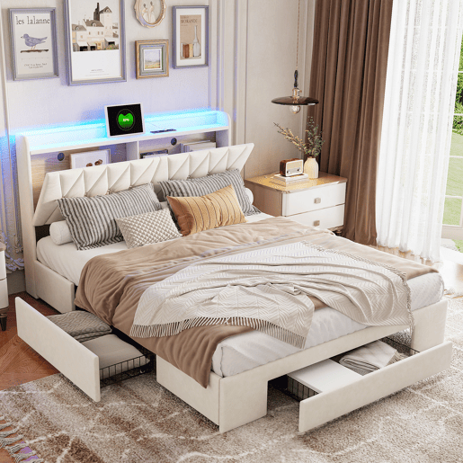 Cama Estofada 140x200 cm Bege em Veludo com Arrumação, 3 Gavetas, Cabeceira LED, USB, Tipo-C e Tomadas EU Cama Estofada 140x200 cm Bege em Veludo com Arrumação, 3 Gavetas, Cabeceira LED, USB, Tipo-C e Tomadas EU