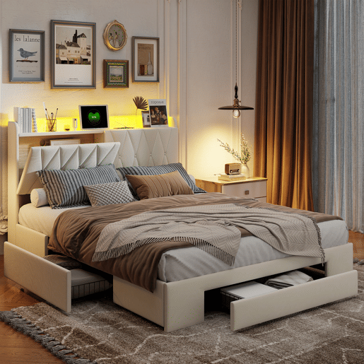 Cama Estofada 140x200 cm Bege em Veludo com Arrumação, 3 Gavetas, Cabeceira LED, USB, Tipo-C e Tomadas EU Cama Estofada 140x200 cm Bege em Veludo com Arrumação, 3 Gavetas, Cabeceira LED, USB, Tipo-C e Tomadas EU