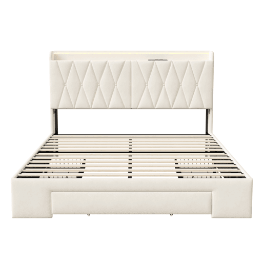 Cama Estofada 140x200 cm Bege em Veludo com Arrumação, 3 Gavetas, Cabeceira LED, USB, Tipo-C e Tomadas EU Cama Estofada 140x200 cm Bege em Veludo com Arrumação, 3 Gavetas, Cabeceira LED, USB, Tipo-C e Tomadas EU