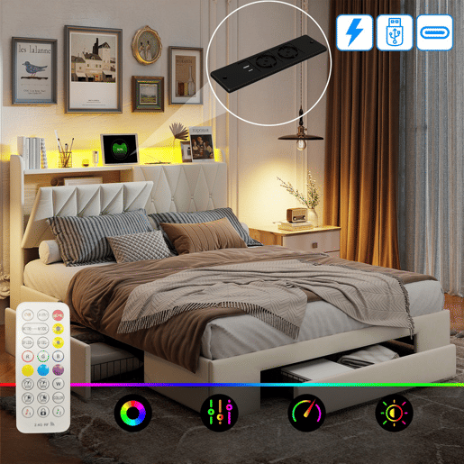 Cama Estofada 140x200 cm Bege em Veludo com Arrumação, 3 Gavetas, Cabeceira LED, USB, Tipo-C e Tomadas EU Cama Estofada 140x200 cm Bege em Veludo com Arrumação, 3 Gavetas, Cabeceira LED, USB, Tipo-C e Tomadas EU