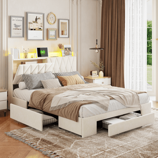 Cama Estofada 140x200 cm Bege em Veludo com Arrumação, 3 Gavetas, Cabeceira LED, USB, Tipo-C e Tomadas EU Cama Estofada 140x200 cm Bege em Veludo com Arrumação, 3 Gavetas, Cabeceira LED, USB, Tipo-C e Tomadas EU