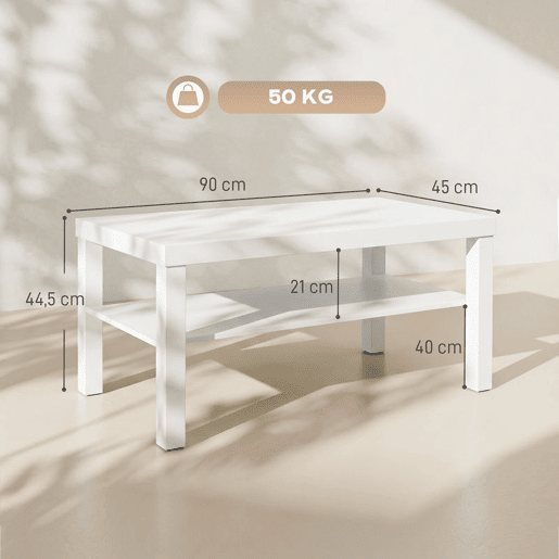 HOMCOM Mesa de Centro, Mesa de Café para Sala com Prateleira Aberta, Tampo Grosso, para Sala de Estar, Sala de Jantar, Escritório, 90x45x44,5 cm, Branco HOMCOM Mesa de Centro, Mesa de Café para Sala com Prateleira Aberta, Tampo Grosso, para Sala de Estar, Sala de Jantar, Escritório, 90x45x44,5 cm, Branco