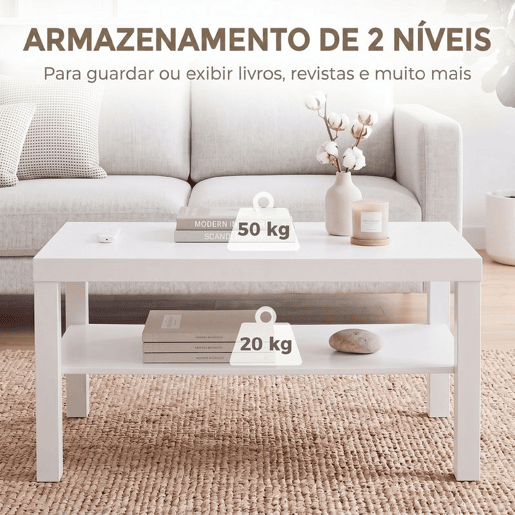 HOMCOM Mesa de Centro, Mesa de Café para Sala com Prateleira Aberta, Tampo Grosso, para Sala de Estar, Sala de Jantar, Escritório, 90x45x44,5 cm, Branco HOMCOM Mesa de Centro, Mesa de Café para Sala com Prateleira Aberta, Tampo Grosso, para Sala de Estar, Sala de Jantar, Escritório, 90x45x44,5 cm, Branco