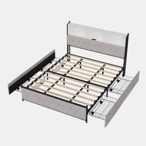 Cama Estofada 140x200 cm Bege em Veludo com 4 Gavetas, Iluminação LED, USB, Tipo-C e Cabeceira com Arrumação