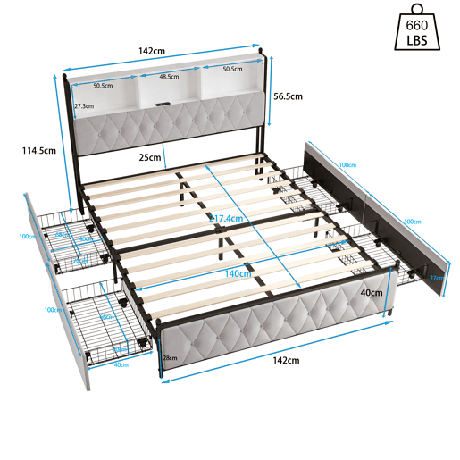 Cama Estofada 140x200 cm Bege em Veludo com 4 Gavetas, Iluminação LED, USB, Tipo-C e Cabeceira com Arrumação