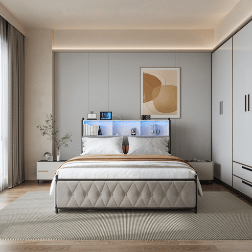 Cama Estofada 140x200 cm Bege em Veludo com 4 Gavetas, Iluminação LED, USB, Tipo-C e Cabeceira com Arrumação