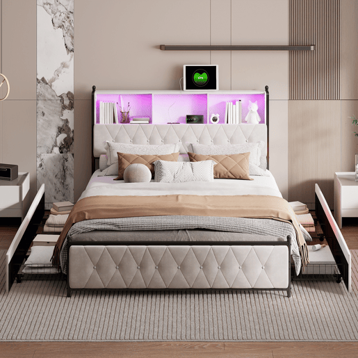 Cama Estofada 140x200 cm Bege em Veludo com 4 Gavetas, Iluminação LED, USB, Tipo-C e Cabeceira com Arrumação