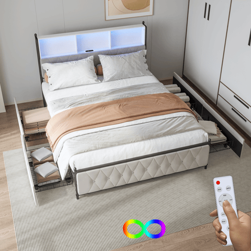 Cama Estofada 140x200 cm Bege em Veludo com 4 Gavetas, Iluminação LED, USB, Tipo-C e Cabeceira com Arrumação