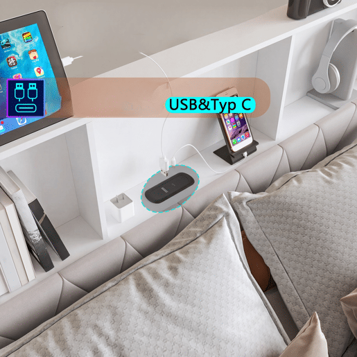Cama Estofada 140x200 cm Bege em Veludo com 4 Gavetas, Iluminação LED, USB, Tipo-C e Cabeceira com Arrumação