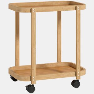 HOMCOM Carrinho de Cozinha de Bambu de 2 Níveis Carrinho Auxiliar de Cozinha com Rodas 2 Prateleiras Abertas Design Curvo para Sala de Jantar 54x36,5x60 cm Madeira