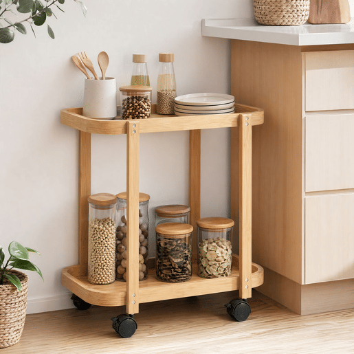 HOMCOM Carrinho de Cozinha de Bambu de 2 NÃveis Carrinho Auxiliar de Cozinha com Rodas 2 Prateleiras Abertas Design Curvo para Sala de Jantar 54x36,5x60 cm Madeira HOMCOM Carrinho de Cozinha de Bambu de 2 NÃveis Carrinho Auxiliar de Cozinha com Rodas 2 Prateleiras Abertas Design Curvo para Sala de Jantar 54x36,5x60 cm Madeira