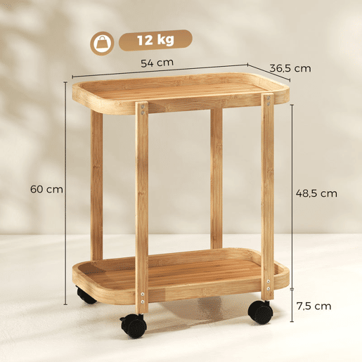 HOMCOM Carrinho de Cozinha de Bambu de 2 NÃveis Carrinho Auxiliar de Cozinha com Rodas 2 Prateleiras Abertas Design Curvo para Sala de Jantar 54x36,5x60 cm Madeira HOMCOM Carrinho de Cozinha de Bambu de 2 NÃveis Carrinho Auxiliar de Cozinha com Rodas 2 Prateleiras Abertas Design Curvo para Sala de Jantar 54x36,5x60 cm Madeira