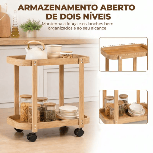 HOMCOM Carrinho de Cozinha de Bambu de 2 NÃveis Carrinho Auxiliar de Cozinha com Rodas 2 Prateleiras Abertas Design Curvo para Sala de Jantar 54x36,5x60 cm Madeira HOMCOM Carrinho de Cozinha de Bambu de 2 NÃveis Carrinho Auxiliar de Cozinha com Rodas 2 Prateleiras Abertas Design Curvo para Sala de Jantar 54x36,5x60 cm Madeira