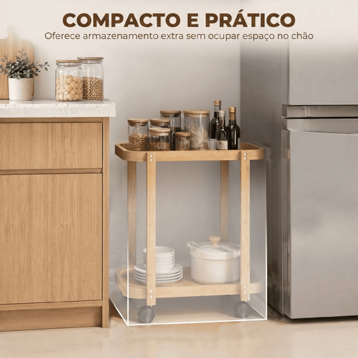 HOMCOM Carrinho de Cozinha de Bambu de 2 NÃveis Carrinho Auxiliar de Cozinha com Rodas 2 Prateleiras Abertas Design Curvo para Sala de Jantar 54x36,5x60 cm Madeira HOMCOM Carrinho de Cozinha de Bambu de 2 NÃveis Carrinho Auxiliar de Cozinha com Rodas 2 Prateleiras Abertas Design Curvo para Sala de Jantar 54x36,5x60 cm Madeira