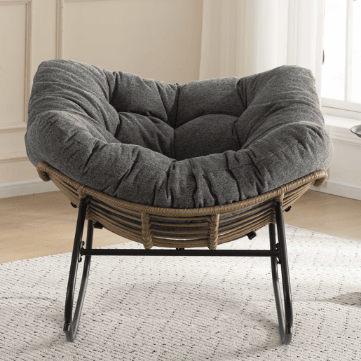 Cadeirão de baloiço estofado em chenille - design moderno para sala, quarto e quarto infantil - cinzento Cadeirão de baloiço estofado em chenille - design moderno para sala, quarto e quarto infantil - cinzento