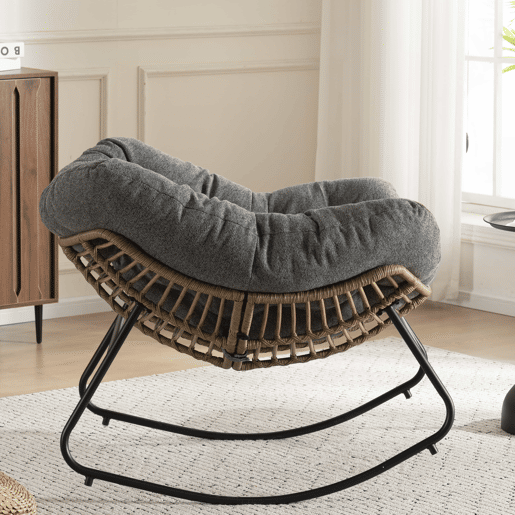Cadeirão de baloiço estofado em chenille - design moderno para sala, quarto e quarto infantil - cinzento Cadeirão de baloiço estofado em chenille - design moderno para sala, quarto e quarto infantil - cinzento