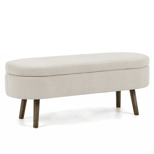 Banco com arrumação multifuncional 110x40x42 cm - tecido de chenille macio, pés de madeira, estrutura em madeira maciça, 20 L de arrumação, uso multifuncional: quarto, sala, sapateira, hall de entrada - Bege