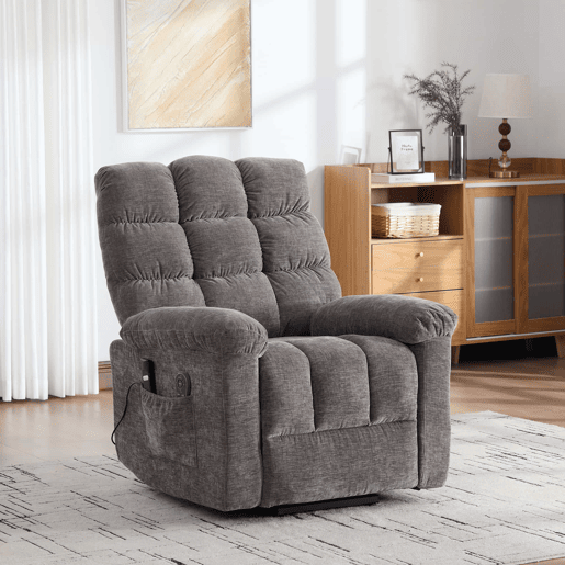 Poltrona relax elétrica multifunções - ajuda para se levantar, massagem e aquecimento, encosto e apoio para os pés reclináveis eletricamente, bolsos laterais - Cinza Poltrona relax elétrica multifunções - ajuda para se levantar, massagem e aquecimento, encosto e apoio para os pés reclináveis eletricamente, bolsos laterais - Cinza