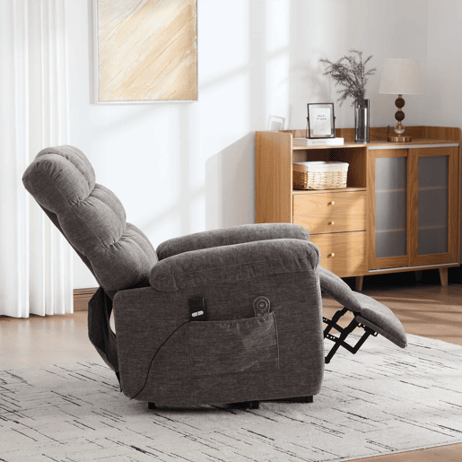 Poltrona relax elétrica multifunções - ajuda para se levantar, massagem e aquecimento, encosto e apoio para os pés reclináveis eletricamente, bolsos laterais - Cinza Poltrona relax elétrica multifunções - ajuda para se levantar, massagem e aquecimento, encosto e apoio para os pés reclináveis eletricamente, bolsos laterais - Cinza