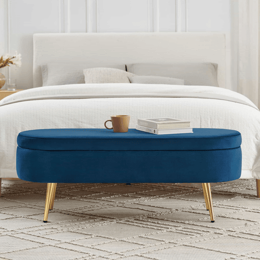 Banco com espaço de arrumação multifuncional 110 x 40 x 42 cm - tecido de veludo macio, pés metálicos, estrutura em madeira maciça, 20 L de arrumação, ideal para o quarto, sala de estar e hall de entrada - azul Banco com espaço de arrumação multifuncional 110 x 40 x 42 cm - tecido de veludo macio, pés metálicos, estrutura em madeira maciça, 20 L de arrumação, ideal para o quarto, sala de estar e hall de entrada - azul