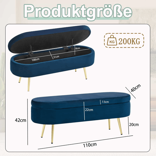Banco com espaço de arrumação multifuncional 110 x 40 x 42 cm - tecido de veludo macio, pés metálicos, estrutura em madeira maciça, 20 L de arrumação, ideal para o quarto, sala de estar e hall de entrada - azul Banco com espaço de arrumação multifuncional 110 x 40 x 42 cm - tecido de veludo macio, pés metálicos, estrutura em madeira maciça, 20 L de arrumação, ideal para o quarto, sala de estar e hall de entrada - azul