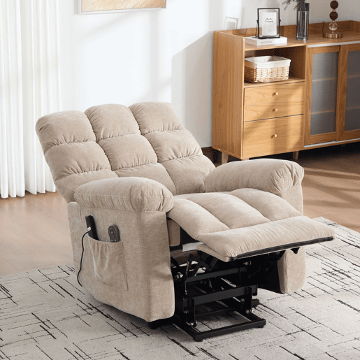 Poltrona relax elétrica multifuncional - função de assistência ao levantamento, massagem e aquecimento, encosto e apoio para os pés ajustáveis eletricamente, bolsos laterais de arrumação - Castanho-claro