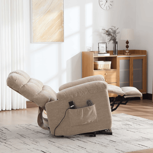 Poltrona relax elétrica multifuncional - função de assistência ao levantamento, massagem e aquecimento, encosto e apoio para os pés ajustáveis eletricamente, bolsos laterais de arrumação - Castanho-claro