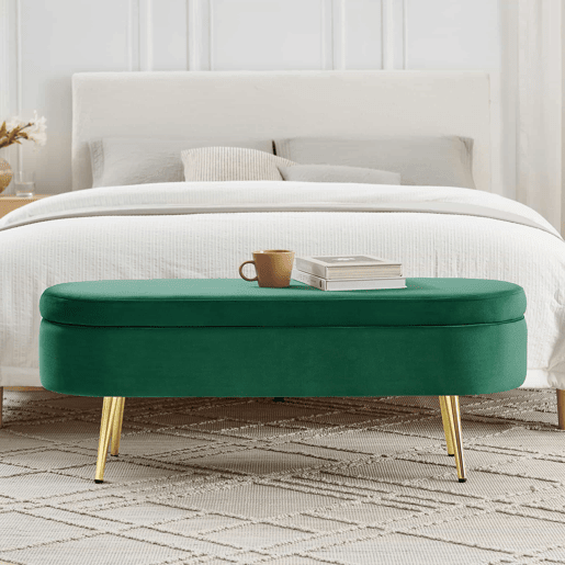Banco com arrumação multifuncional 110 x 40 x 42 cm - veludo macio, pés metálicos, estrutura em madeira maciça, 20 L de arrumação - verde Banco com arrumação multifuncional 110 x 40 x 42 cm - veludo macio, pés metálicos, estrutura em madeira maciça, 20 L de arrumação - verde