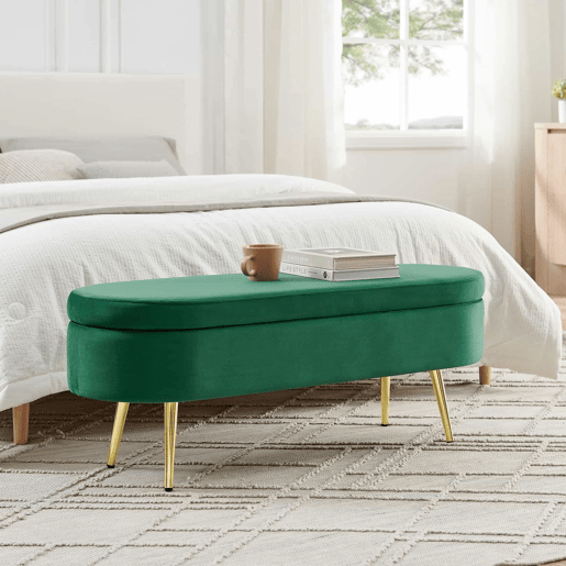 Banco com arrumação multifuncional 110 x 40 x 42 cm - veludo macio, pés metálicos, estrutura em madeira maciça, 20 L de arrumação - verde Banco com arrumação multifuncional 110 x 40 x 42 cm - veludo macio, pés metálicos, estrutura em madeira maciça, 20 L de arrumação - verde