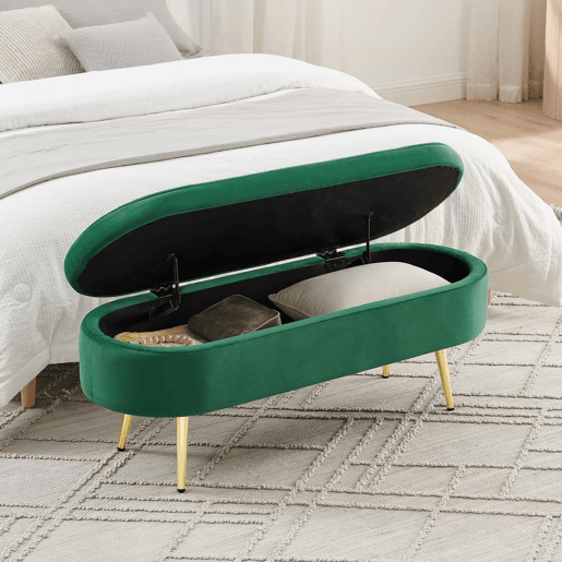 Banco com arrumação multifuncional 110 x 40 x 42 cm - veludo macio, pés metálicos, estrutura em madeira maciça, 20 L de arrumação - verde Banco com arrumação multifuncional 110 x 40 x 42 cm - veludo macio, pés metálicos, estrutura em madeira maciça, 20 L de arrumação - verde