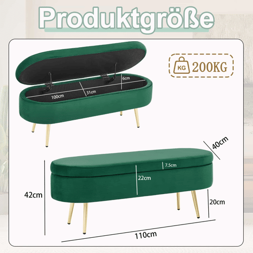Banco com arrumação multifuncional 110 x 40 x 42 cm - veludo macio, pés metálicos, estrutura em madeira maciça, 20 L de arrumação - verde Banco com arrumação multifuncional 110 x 40 x 42 cm - veludo macio, pés metálicos, estrutura em madeira maciça, 20 L de arrumação - verde