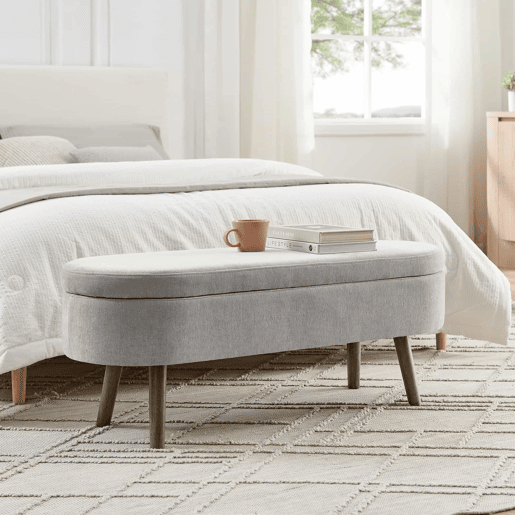 Banco com arrumação multifuncional 110 x 40 x 42 cm - tecido de chenille macio, pés de madeira, estrutura em madeira maciça, capacidade de 20 L, ideal para o quarto, sala de estar, hall de entrada e como sapateira - Cinza Banco com arrumação multifuncional 110 x 40 x 42 cm - tecido de chenille macio, pés de madeira, estrutura em madeira maciça, capacidade de 20 L, ideal para o quarto, sala de estar, hall de entrada e como sapateira - Cinza
