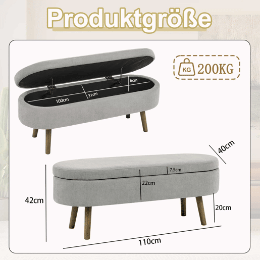 Banco com arrumação multifuncional 110 x 40 x 42 cm - tecido de chenille macio, pés de madeira, estrutura em madeira maciça, capacidade de 20 L, ideal para o quarto, sala de estar, hall de entrada e como sapateira - Cinza Banco com arrumação multifuncional 110 x 40 x 42 cm - tecido de chenille macio, pés de madeira, estrutura em madeira maciça, capacidade de 20 L, ideal para o quarto, sala de estar, hall de entrada e como sapateira - Cinza