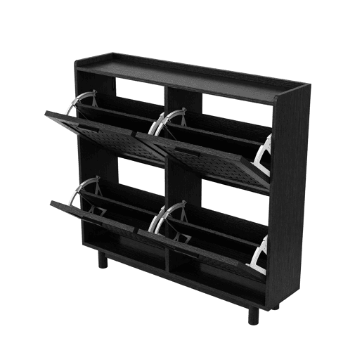 Sapateira preta com portas basculantes, frente com efeito rattan, armazenamento compacto com puxadores de metal Sapateira preta com portas basculantes, frente com efeito rattan, armazenamento compacto com puxadores de metal