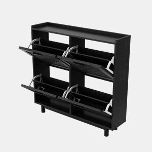 Sapateira preta com portas basculantes, frente com efeito rattan, armazenamento compacto com puxadores de metal