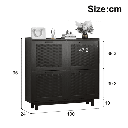 Sapateira preta com portas basculantes, frente com efeito rattan, armazenamento compacto com puxadores de metal Sapateira preta com portas basculantes, frente com efeito rattan, armazenamento compacto com puxadores de metal
