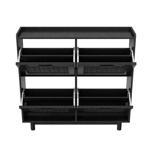 Sapateira preta com portas basculantes, frente com efeito rattan, armazenamento compacto com puxadores de metal Sapateira preta com portas basculantes, frente com efeito rattan, armazenamento compacto com puxadores de metal