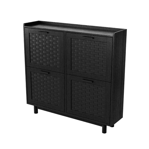 Sapateira preta com portas basculantes, frente com efeito rattan, armazenamento compacto com puxadores de metal Sapateira preta com portas basculantes, frente com efeito rattan, armazenamento compacto com puxadores de metal