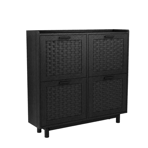 Sapateira preta com portas basculantes, frente com efeito rattan, armazenamento compacto com puxadores de metal Sapateira preta com portas basculantes, frente com efeito rattan, armazenamento compacto com puxadores de metal